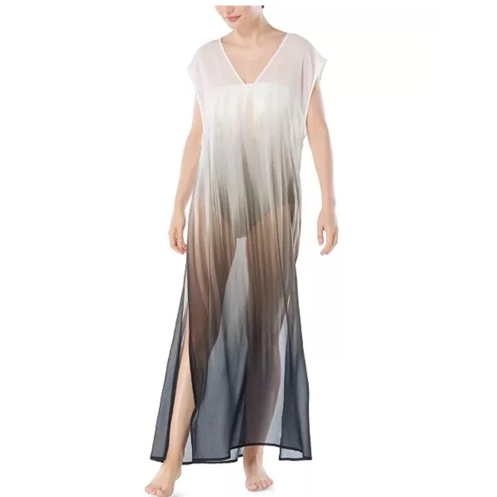 Carmen Marc Valvo Ombre Maxi Dress Cover Up Black Tan White C6U986 Womens Small